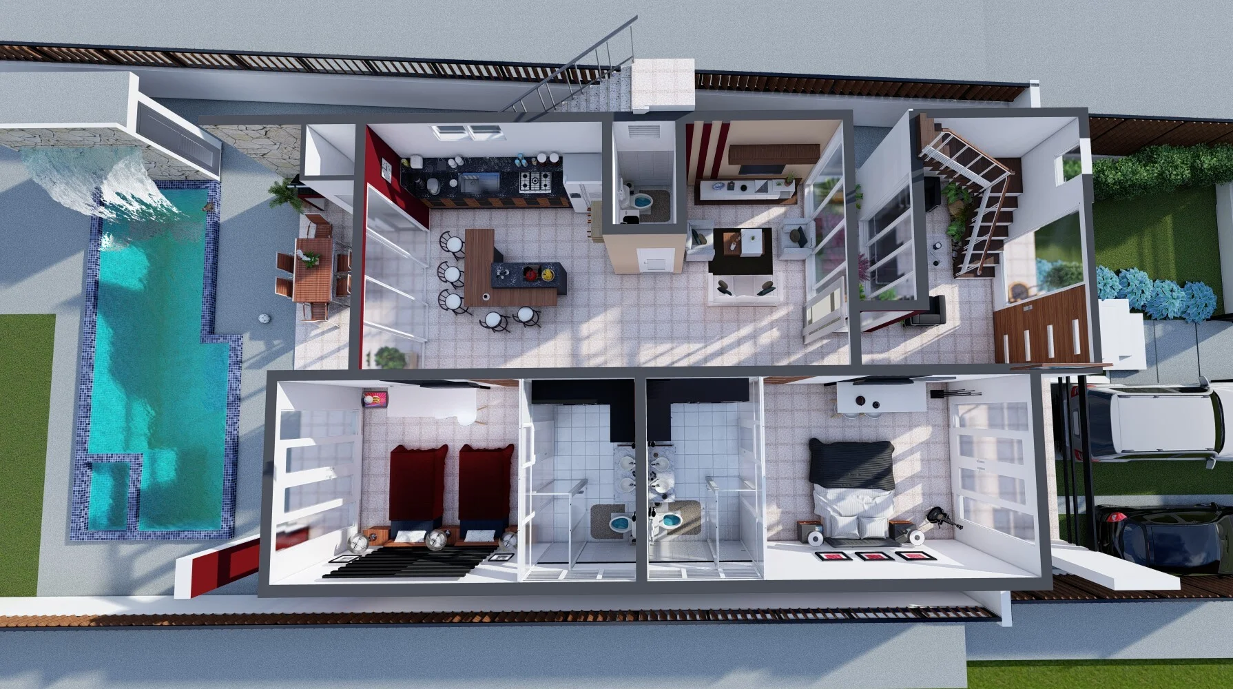 Arquitectura. Render de vivienda residencial. Vista en planta. Estralia